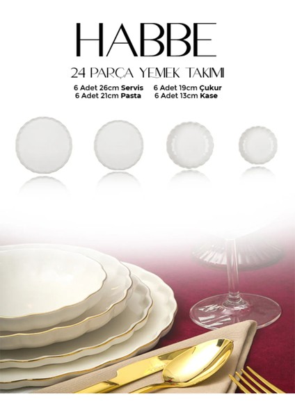 Habbe 24 Parça 6 Kişilik Altın Yaldız Porselen Yemek Takımı fırsatları