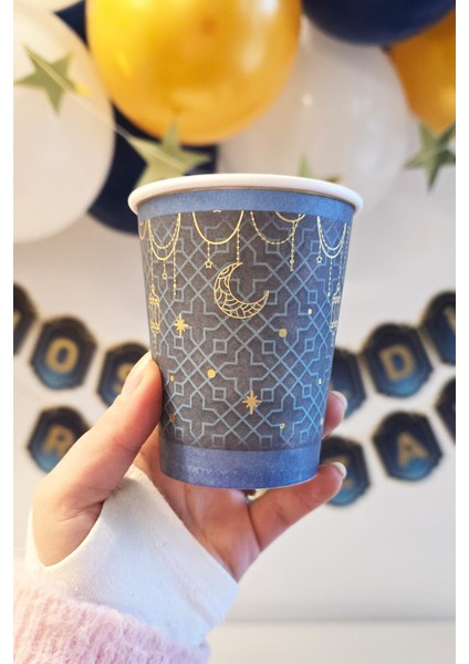 Lacivert Gold Varaklı Ramazan Bardak Dini Motifli Ramazan Sofrası Karton Bardak 8li