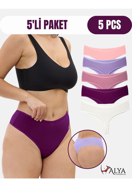 Yüksek Bel, Toparlayıcı, Tanga Külotlar - 5'li Paket Fuşya, Somon, Ekru, Lila, Gül Kurusu
