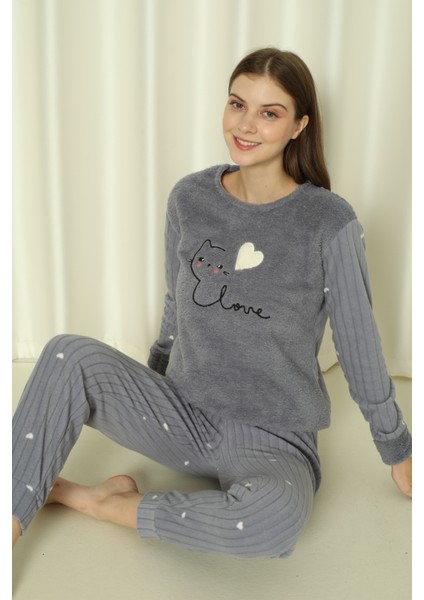 Fawn 04-3309 Peluş Welsoft Polar Kışlık Yumoş Kalpli Kedili Kadın Pijama Takımı