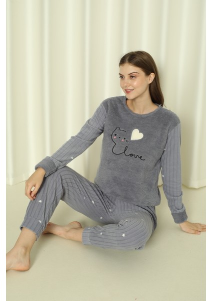 Fawn 04-3309 Peluş Welsoft Polar Kışlık Yumoş Kalpli Kedili Kadın Pijama Takımı modelleri