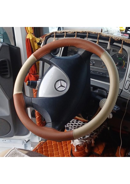 Dikişli Direksiyon Kılıfı Bej Taba Deri Siyah Dikişli Mercedes Tır Kamyon Için