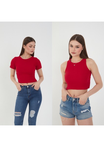2'li Adet Fitilli Kısa Kol ve Askılı Body Crop Bluz Seti