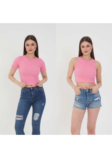 2'li Adet Fitilli Kısa Kol ve Askılı Body Crop Bluz Seti