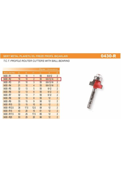 Elmas Uçlu Rulmanlı Radüs El Freze Bıçağı 17X10X52 430-R2 14 mm