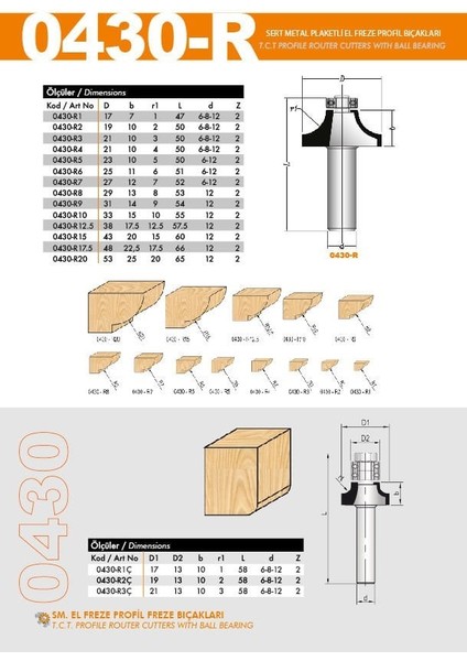 Elmas Uçlu Rulmanlı Radüs El Freze Bıçağı 19X10X52 430-R3 8 mm