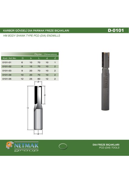 Karbür Gövdeli Dıa Parmak Freze Bıçağı 12X25X12 Z2 D101-05 12 mm