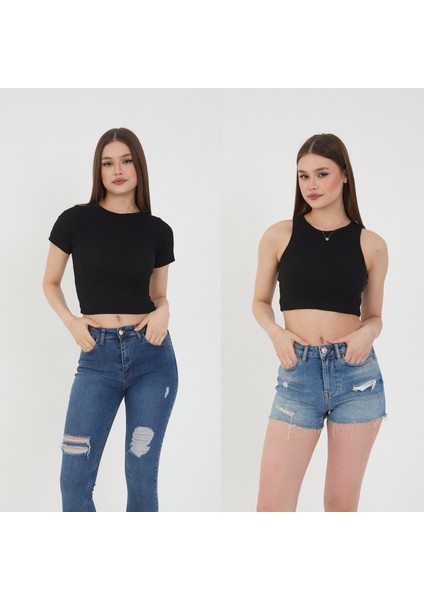 2'li Adet Fitilli Kısa Kol ve Askılı Body Crop Bluz Seti