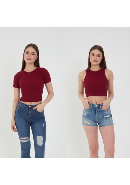 2'li Adet Fitilli Kısa Kol ve Askılı Body Crop Bluz Seti
