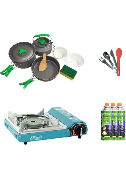 Seramik Pro Kamp Ocak Mavi CK-508+3 Parça Tencere Seti OUT-1150+ÇKB OUT-1970-K+3 Adet Kartuş KTS-227 ORC-009-D3