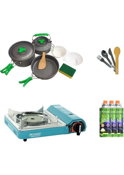 Seramik Pro Kamp Ocak Mavi CK-508+3 Parça Tencere Seti OUT-1150+ÇKB OUT-1970-S+3 Adet Kartuş KTS-227 ORC-009-D2