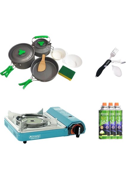 Seramik Pro Kamp Ocak Mavi CK-508+3 Parça Tencere Seti OUT-1150+ÇKB OUT-1350-S+3 Adet Kartuş KTS-227 ORC-009-D5
