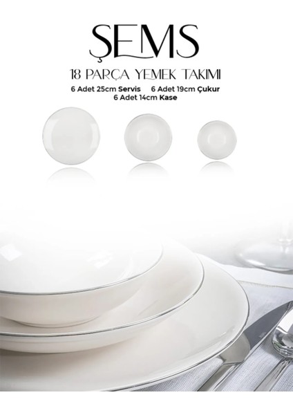 Şems 18 Parça 6 Kişilik Platin Yaldız Porselen Yemek Takımı