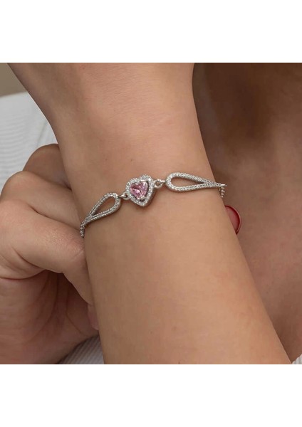 Gümüş Pembe Zirkon Taşlı Kalp Bileklik fırsatları