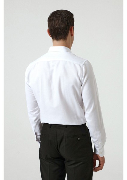 Slim Fit Beyaz Armürlü Düğmeli Yaka Pamuklu Gömlek 5HC02ORT07265