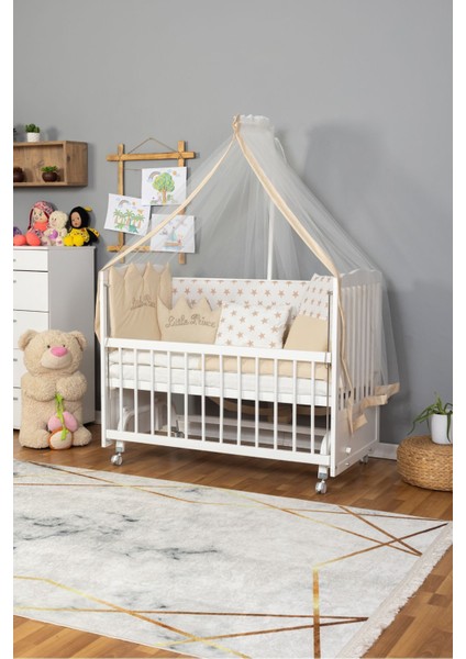 Ahşap Beşik Anne Yanı Beşik Beyaz 60X120 Krem Prens (Erkek) Uyku Seti Yatak Tekerlekli