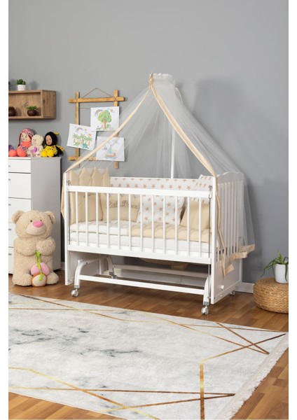 Ahşap Beşik Anne Yanı Beşik Beyaz 60X120 Krem Prens (Erkek) Uyku Seti Yatak Tekerlekli