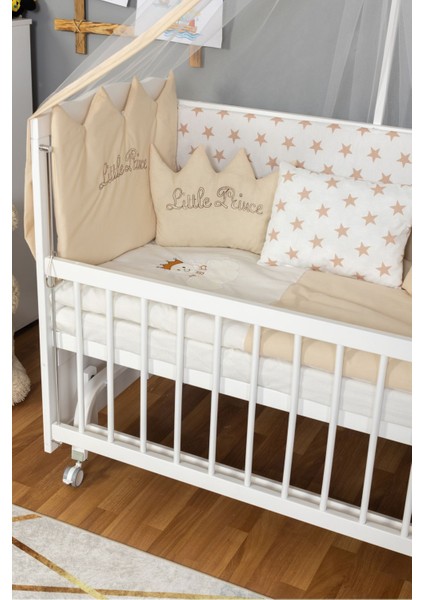 Ahşap Beşik Anne Yanı Beşik Beyaz 60X120 Krem Prens (Erkek) Uyku Seti Yatak Tekerlekli