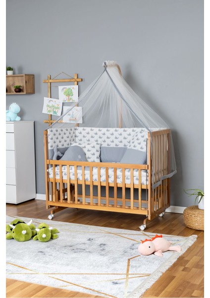 Ahşap Beşik Anne Yanı Beşik Vernikli 70X130 - Gri Balina Uyku Seti + Yataklı + Tekerlekli