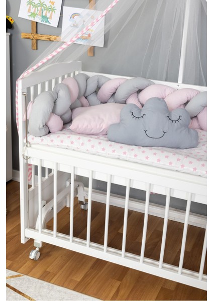 Ahşap Beşik Anne Yanı Beşik Beyaz 60X120 - Pembe Gri Örgü Uyku Seti Seti + Yatak + Tekerlekli modelleri