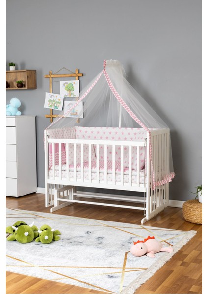 Ahşap Beşik Anne Yanı Beşik Beyaz 60X120 - Pembe Yıldız 1 Yastıklı Uyku Seti + Yataklı fiyatları