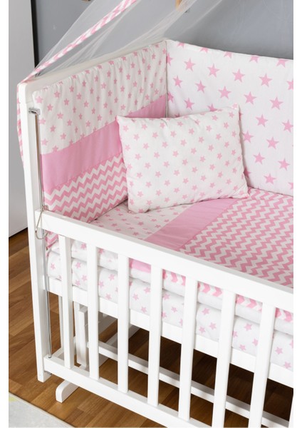 Ahşap Beşik Anne Yanı Beşik Beyaz 60X120 - Pembe Yıldız 1 Yastıklı Uyku Seti + Yataklı modelleri