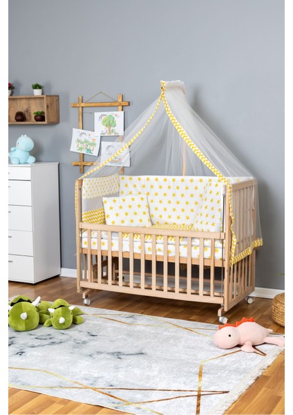 Ahşap Beşik Anne Yanı Beşik Organik 60X120 - Sarı Yıldız 1 Yastıklı Uyku Seti + Yataklı + Tekerlekli