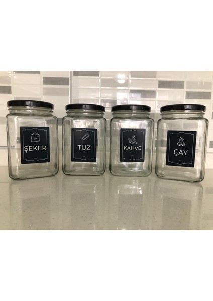 Dekoratif Cam Saklama Kabı 4 Lü Çay,Kahve,Tuz,Şeker 1600 cc