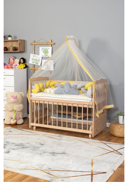 Ahşap Beşik Anne Yanı Beşik Organik 60X120 - Sarı Gri Örgü Uyku Seti Seti + Yatak