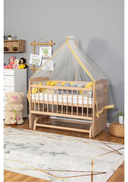 Ahşap Beşik Anne Yanı Beşik Organik 60X120 - Sarı Gri Örgü Uyku Seti Seti + Yatak fiyatları