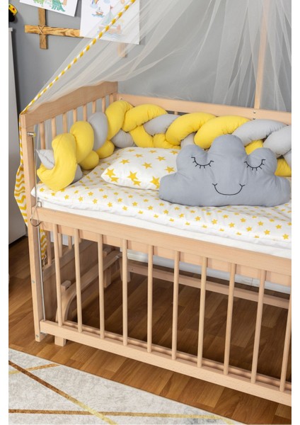Ahşap Beşik Anne Yanı Beşik Organik 60X120 - Sarı Gri Örgü Uyku Seti Seti + Yatak modelleri