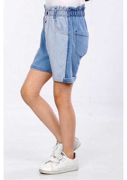 % 97 Pamuk-Denim-Jeans-Yüksek Bel-Lastikli-Sahte Çıtçıtlı-Bel Karneli-Iki Renkli Kız Çocuk Şortu