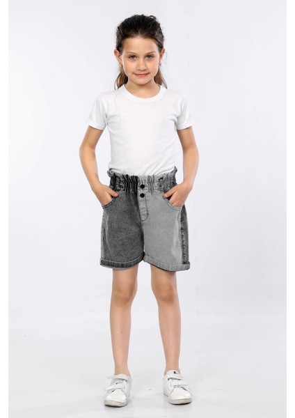 % 97 Pamuk-Denim-Jeans-Yüksek Bel-Lastikli-Sahte Çıtçıtlı-Bel Karneli-Iki Renkli Kız Çocuk Şortu