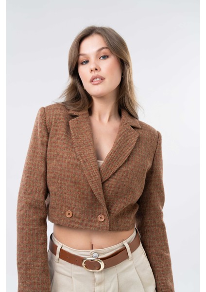Kahverengi Kruvaze Kapama Dokuma Crop Blazer Ceket