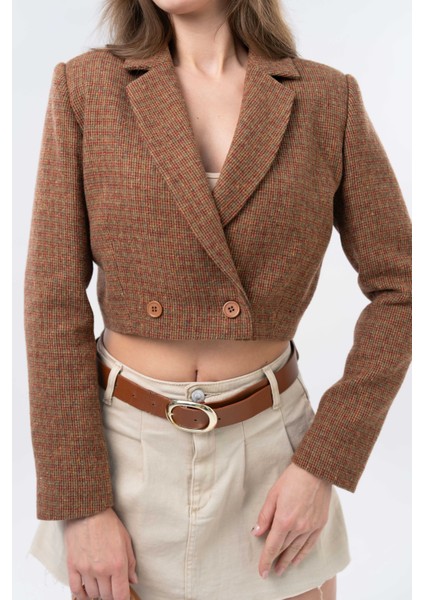 Kahverengi Kruvaze Kapama Dokuma Crop Blazer Ceket