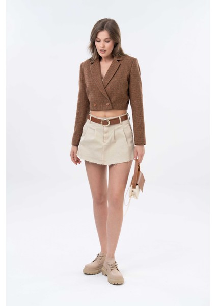 Kahverengi Kruvaze Kapama Dokuma Crop Blazer Ceket