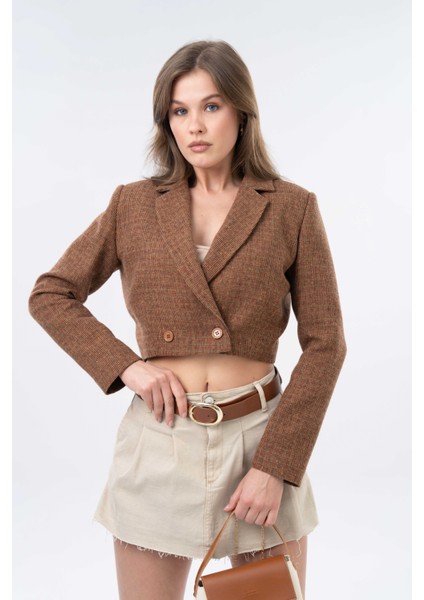 Kahverengi Kruvaze Kapama Dokuma Crop Blazer Ceket