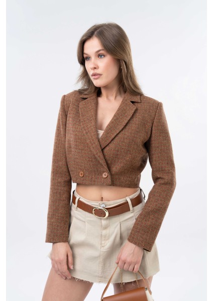 Kahverengi Kruvaze Kapama Dokuma Crop Blazer Ceket modelleri