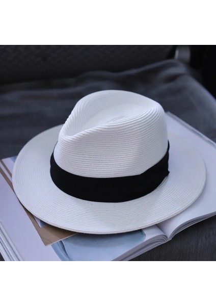 Beyaz Gündelik Çok Yönlü Geniş Kenarlı Hasır Şapka Erkek Yazlık Şapka Güneş Şapkası (Yurt Dışından)