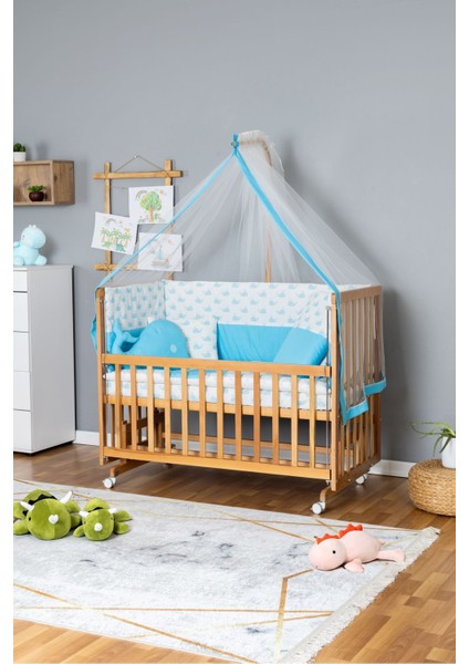 Ahşap Beşik Anne Yanı Beşik Vernikli 70X130 - Mavi Balina Uyku Seti + Yataklı + Tekerlekli