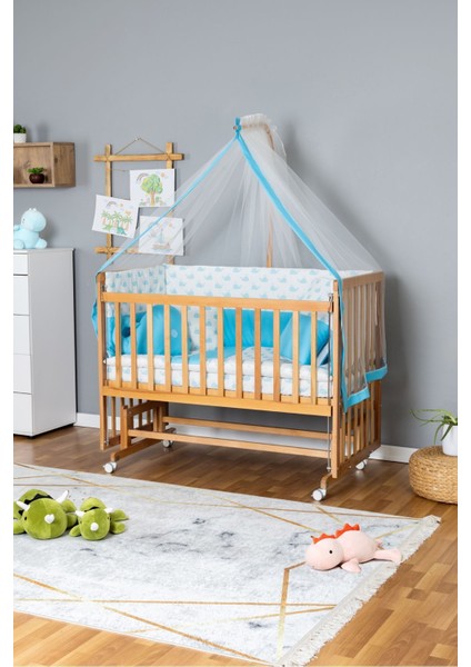 Ahşap Beşik Anne Yanı Beşik Vernikli 70X130 - Mavi Balina Uyku Seti + Yataklı + Tekerlekli fiyatları