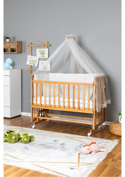 Ahşap Beşik Anne Yanı Beşik Vernikli 60X120 - Beyaz Güpür Uyku Seti + Yataklı + Tekerlekli fiyatları