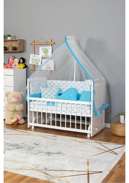 Ahşap Beşik Anne Yanı Beşik Beyaz) 60X120 - Mavi Balina Uyku Seti Yatak