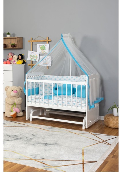 Ahşap Beşik Anne Yanı Beşik Beyaz) 60X120 - Mavi Balina Uyku Seti Yatak