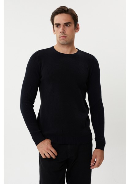 3636 Bisiklet Yaka Kendinden Desenli Çelik Örgü Erkek Kazak