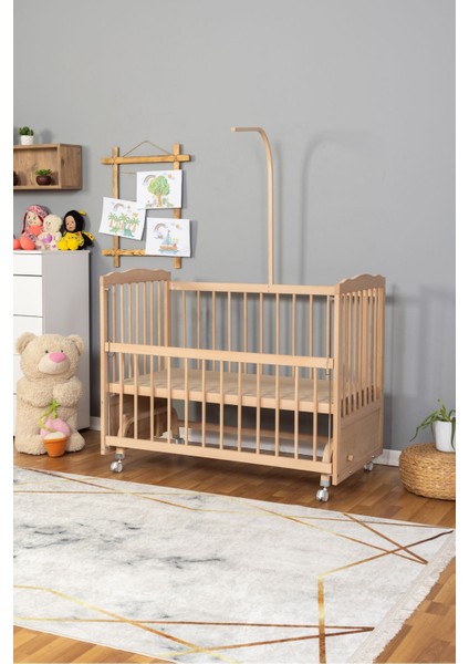 Ahşap Beşik Anne Yanı Beşik Organik (Boyasız) 60X120 - Tekerlekli Uyku Setsiz ve Yataksız