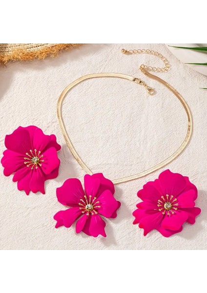 Büyük Çiçek Motifli Renkli Kadın Kolye Küpe Set fiyatları