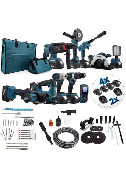 Chelikbei EEA389 Akülü 10 Lu Set (Led Işık +Lazer Metre +Somun Sıkma + Dekupaj + Oto Yıkama + Sunta Kesme + Darbeli Vidalama + Spral + Kırıcı Delici Matkap + Çok Fonksiyonlu Taşlama)