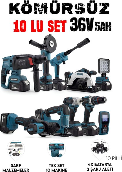 Chelikbei EEA389 Akülü 10 Lu Set (Led Işık +Lazer Metre +Somun Sıkma + Dekupaj + Oto Yıkama + Sunta Kesme + Darbeli Vidalama + Spral + Kırıcı Delici Matkap + Çok Fonksiyonlu Taşlama) fiyatları