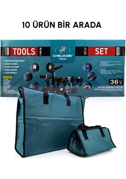 Chelikbei EEA389 Akülü 10 Lu Set (Led Işık +Lazer Metre +Somun Sıkma + Dekupaj + Oto Yıkama + Sunta Kesme + Darbeli Vidalama + Spral + Kırıcı Delici Matkap + Çok Fonksiyonlu Taşlama) modelleri